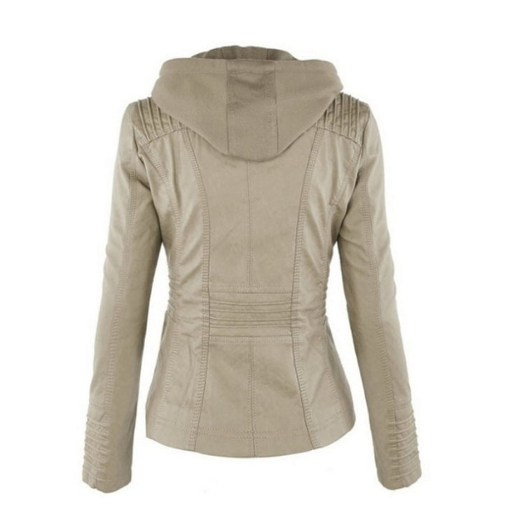 Mode Veste en cuir à capuche détachable avec poches Casual Uni Fermeture éclair Manches longues Veste en cuir Automne Hiver Vêtements pour femmes