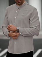 Mens SpringAutumn Small Stand Collar Striped Cardigan Solid Color Long-Sleeve Shirt