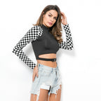 Patchwork Checkerboard Long Sleeve Crop Slim Fit T-Shirt