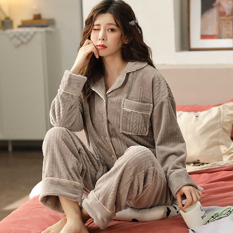 Coral Thickened Plus Fleece Ladies Home Service Suit