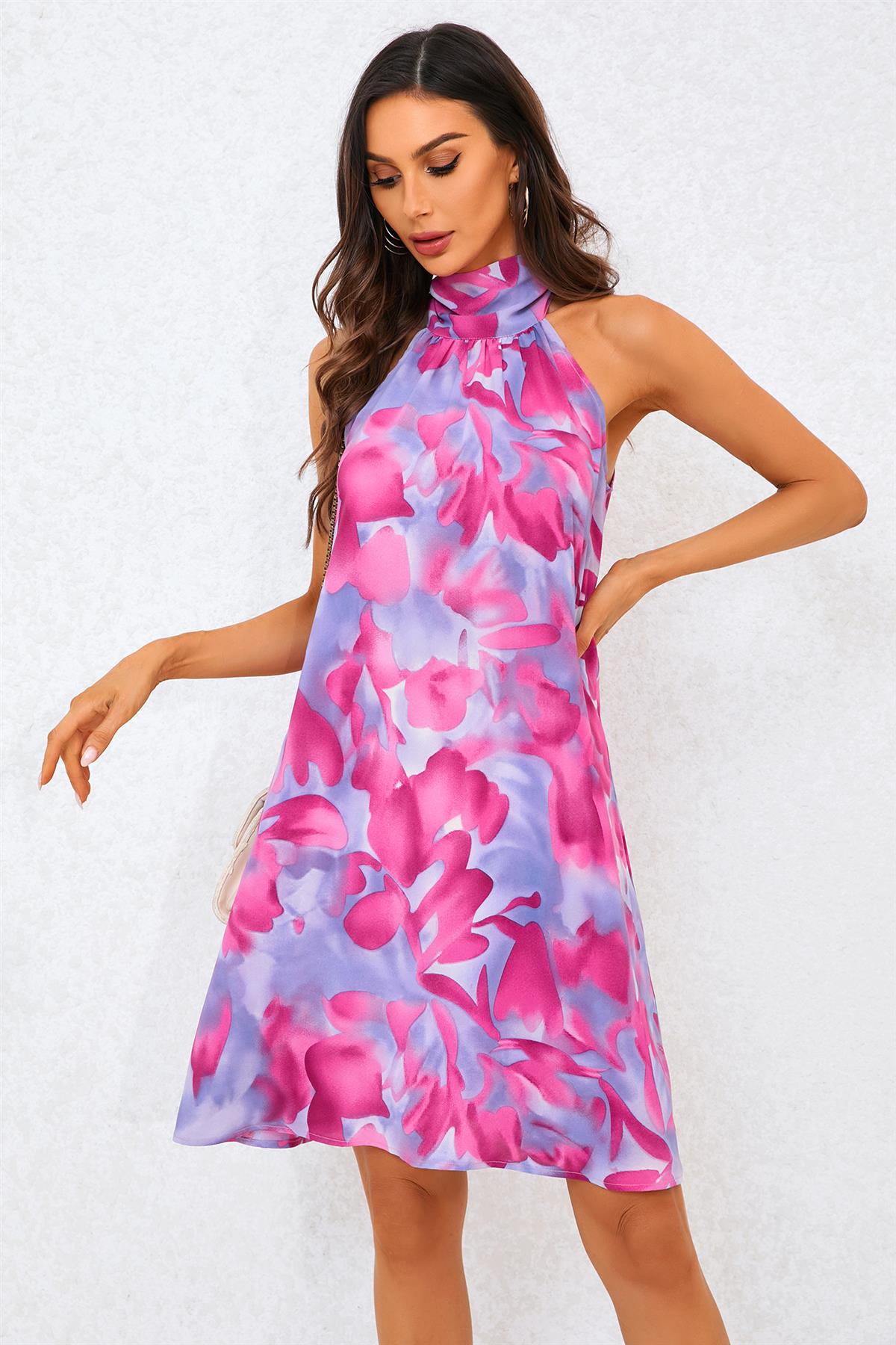 Abstract Floral Print Halter Neck Tie Back Mini Dress In Pink
