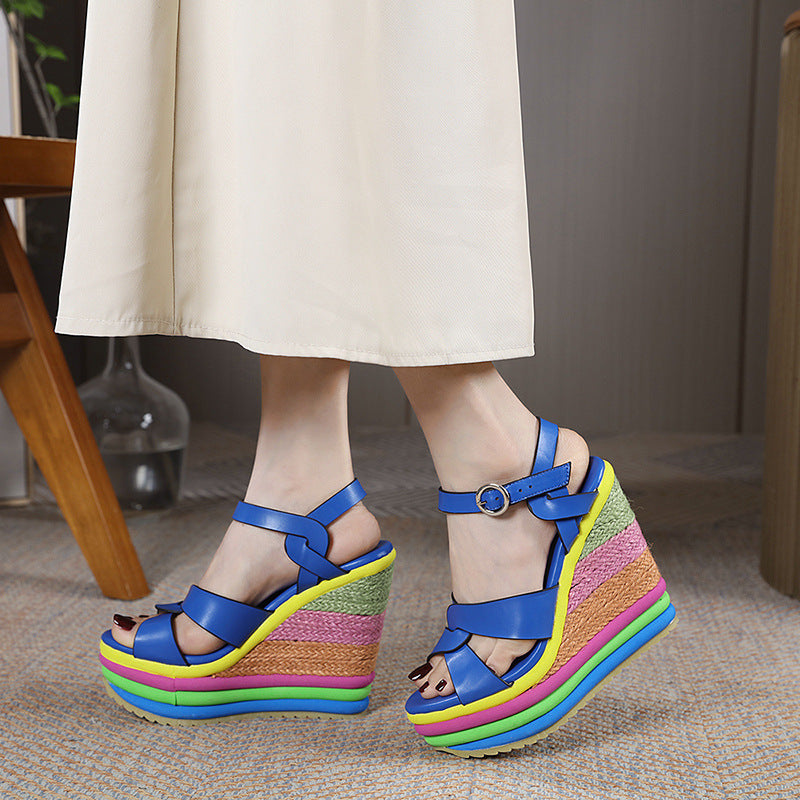 Nouvelles sandales compensées peep-toe Arc-en-ciel pour femmes