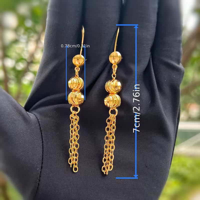 Lange Kette, hängender Schmuck aus dem Nahen Osten, glänzende Metallkugeln, Hippie-Ohrringe,