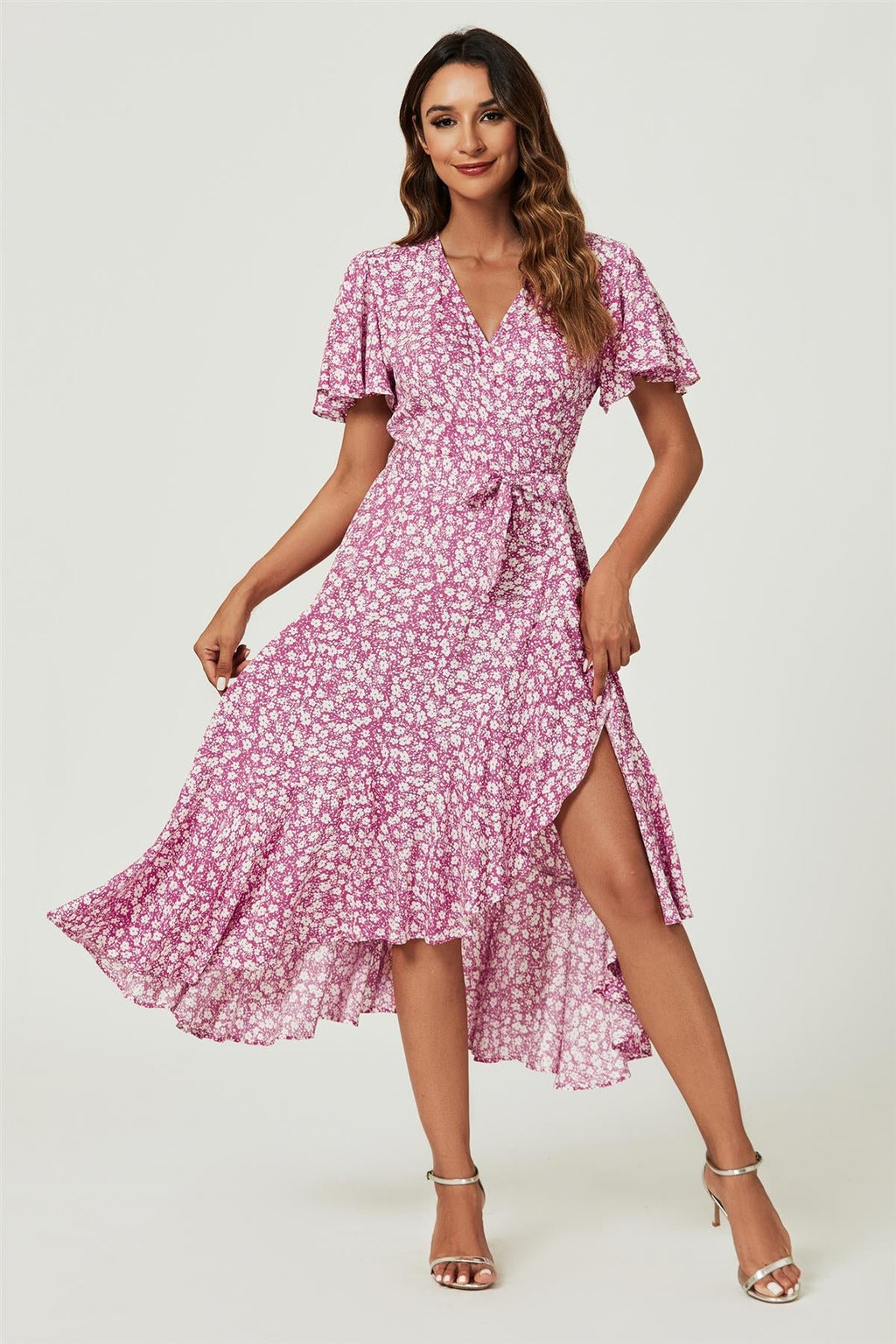 Blumendruck Midi-Wickelkleid in Pink