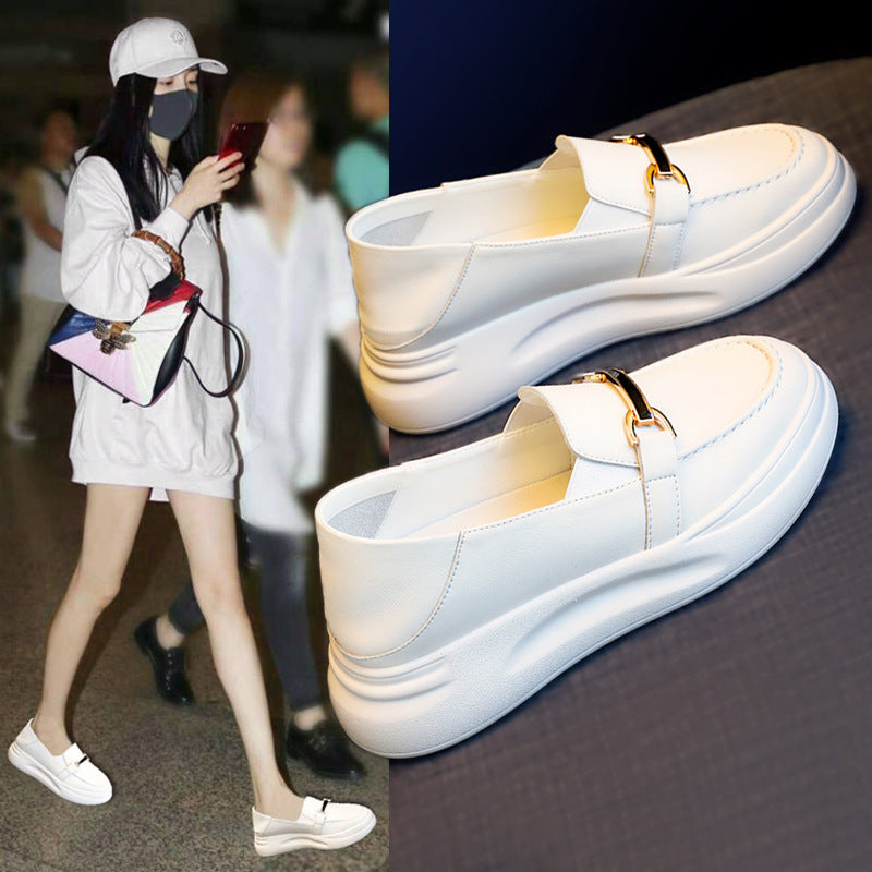 Chaussures blanches en cuir véritable pour femmes, mocassins à plateforme polyvalents et anti-explosion pour l'automne