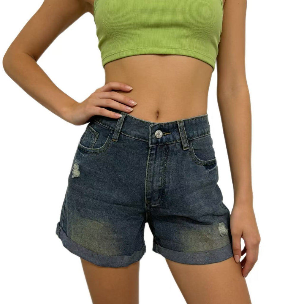 Short en jean décontracté pour femme, style rétro et usé