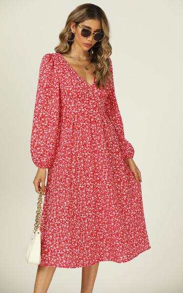 Robe mi-longue rouge à imprimé floral, col en V et manches longues, avec patte de boutonnage