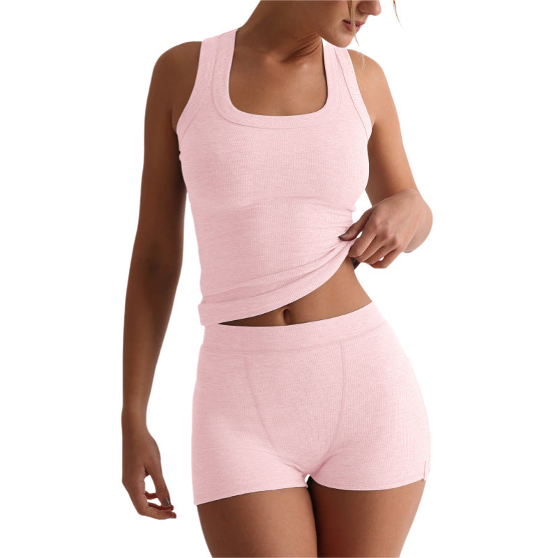 Damen lässiges einfarbiges Rundhals-Tanktop und High-Waist-Shorts-Set im Slim-Fit