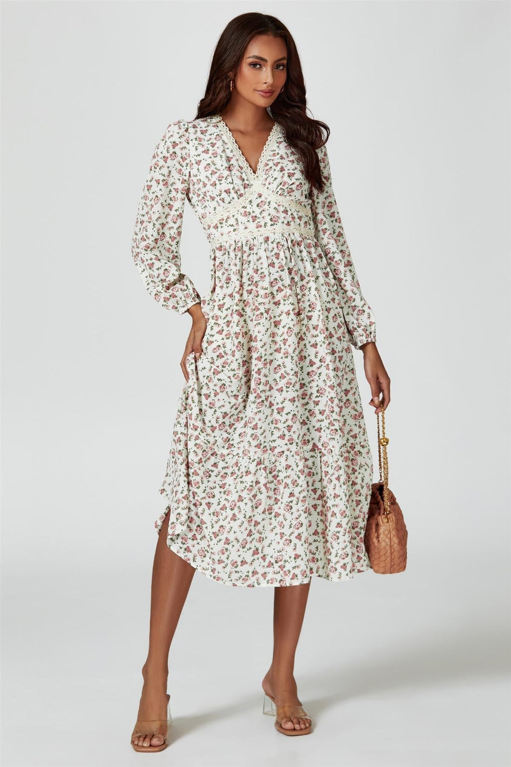 Blumendruck Midi-Langarmkleid in Weiß