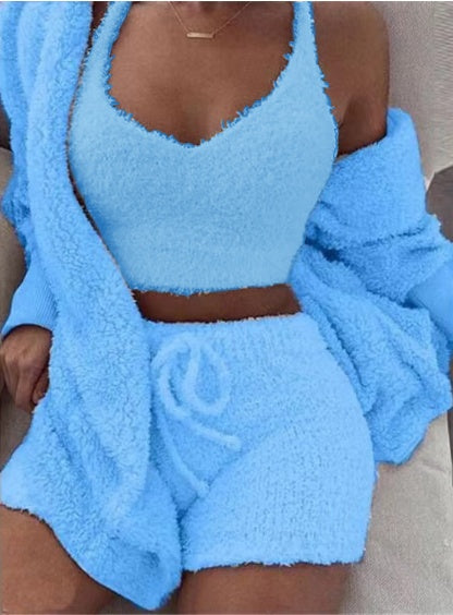 3-teiliges Damen-Bekleidungsset Langarm Crop-Tanktop und Kordelzug-Shorts Schlafanzug-Set