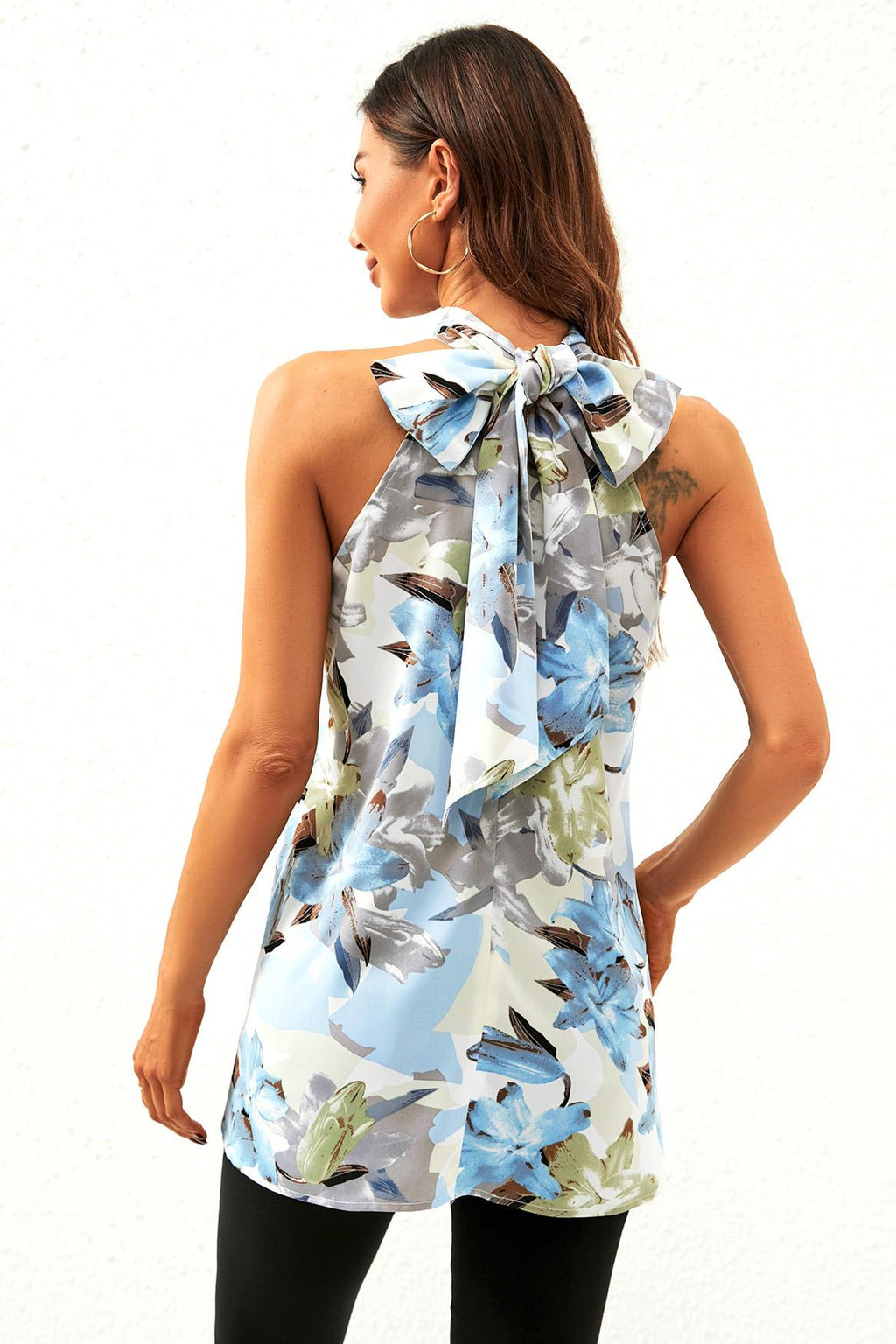 Blumendruck Neckholder-Top mit Bindeband hinten in Grau-Blau