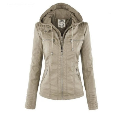 Mode Veste en cuir à capuche détachable avec poches Casual Uni Fermeture éclair Manches longues Veste en cuir Automne Hiver Vêtements pour femmes