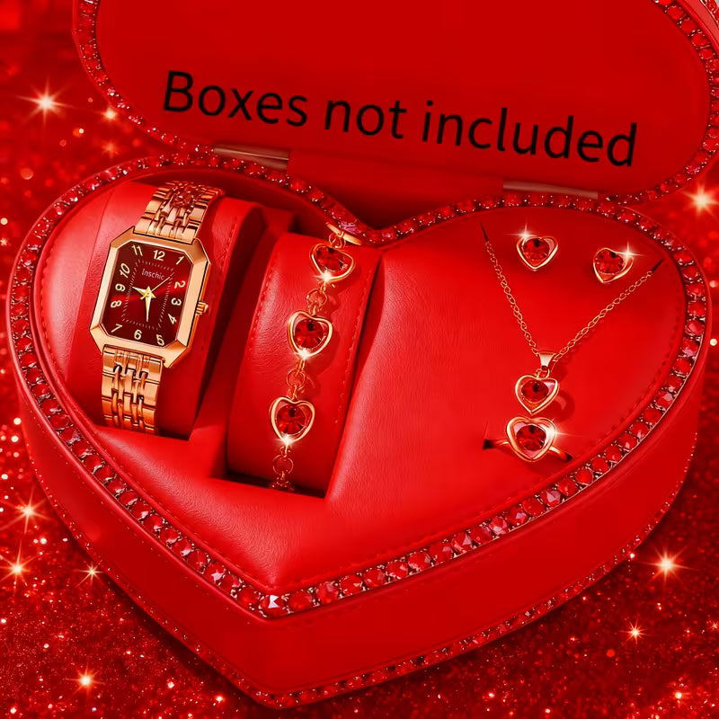 Elegantes quadratisches Damen-Quarzuhr-Set mit Herzanhänger – luxuriöses Zifferblatt in Goldoptik