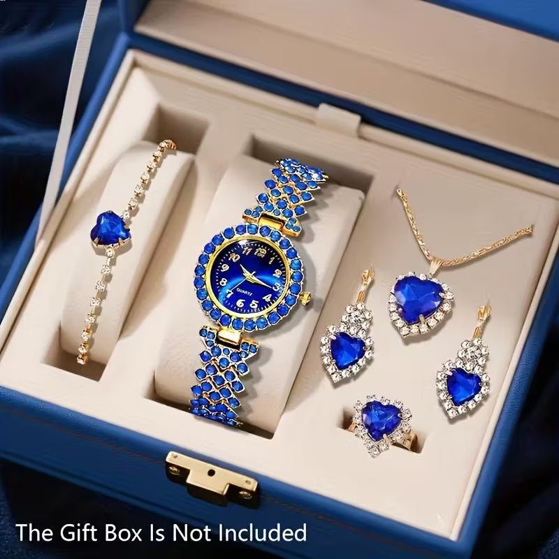 Luxuriöse blaue und transparente Damenuhr mit Quarz-Design und passendem Set