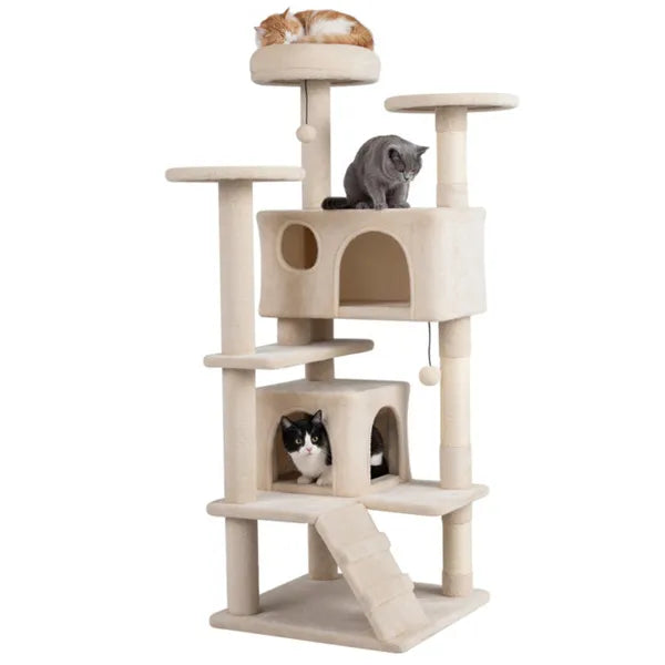 52" Tall Cat Tree Tower With Perches & Condos, Multi-Cat Playground With Scratching Posts (Beige)
