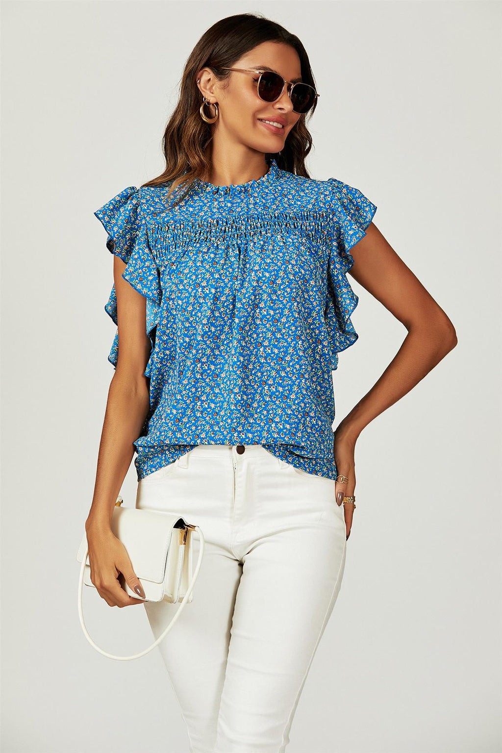 Blumendruck Rüschensaum Kurzarm-Bluse Top in Blau