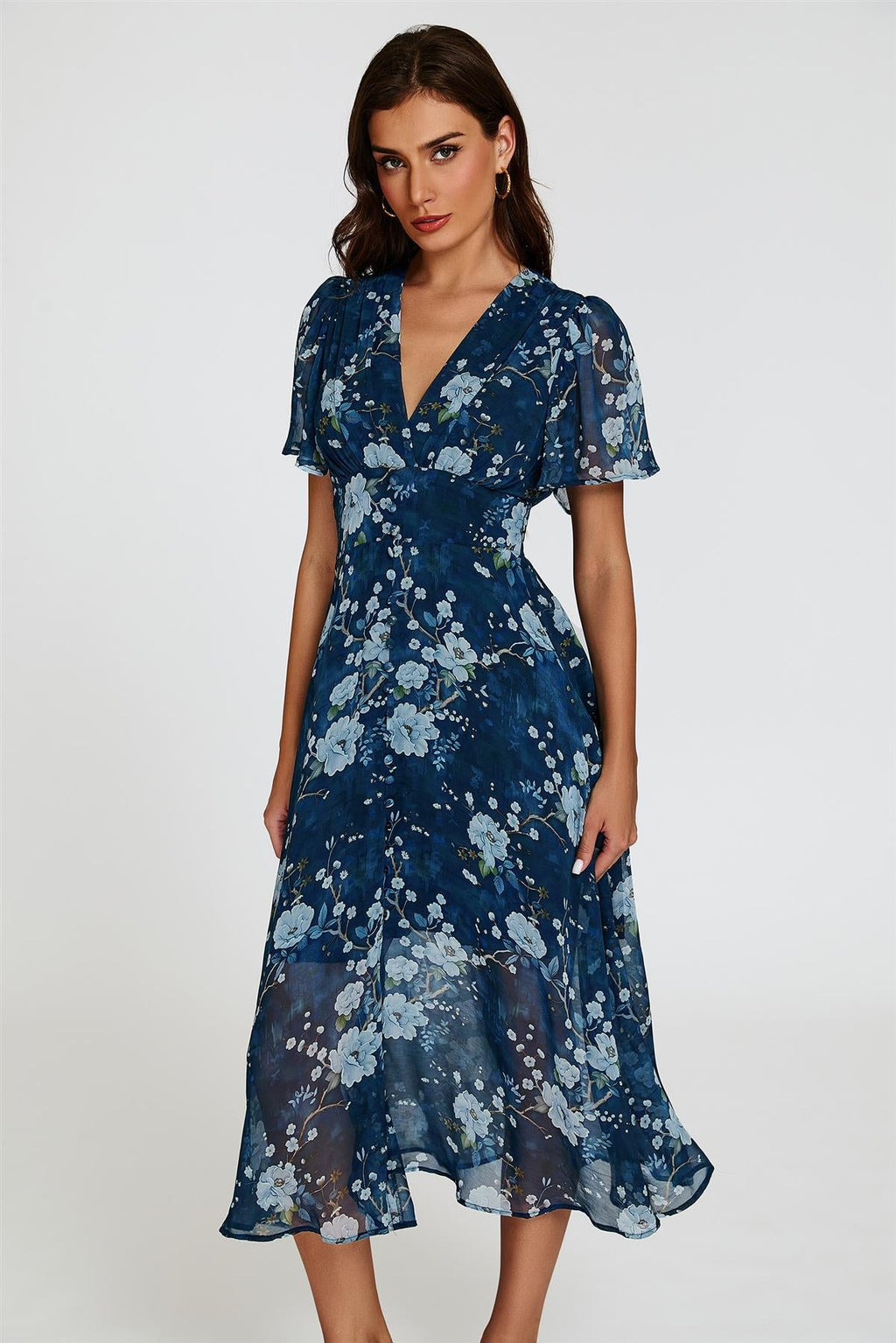 Geblümtes Midikleid mit V-Ausschnitt in Marineblau
