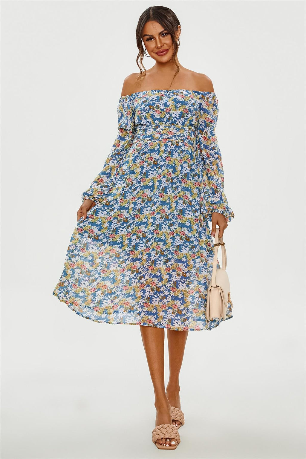 Maxikleid mit Blumenmuster und langen Ärmeln in Blau