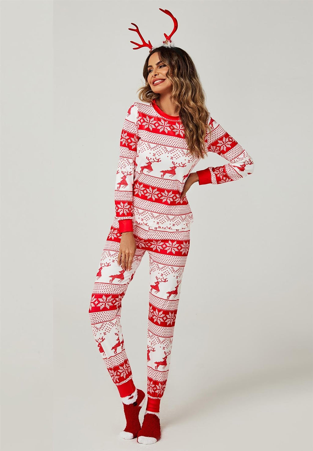 Weihnachts-Sweatshirt-Set mit Hose, Pyjama-Set in Weiß & Rot mit Schnee-Rentier-Motiv