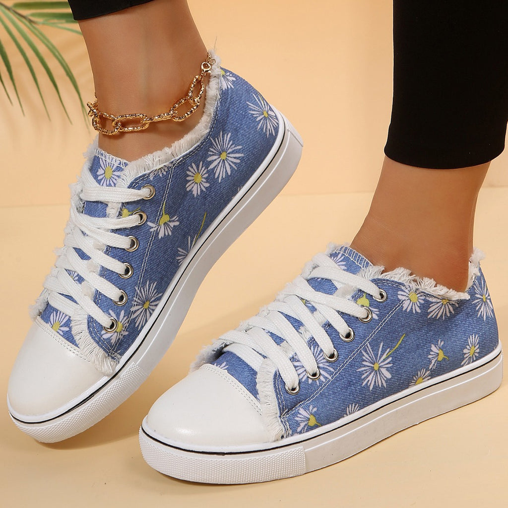Chaussures plates décontractées en toile à lacets floraux imprimés, mocassins pour femmes, chaussures de marche