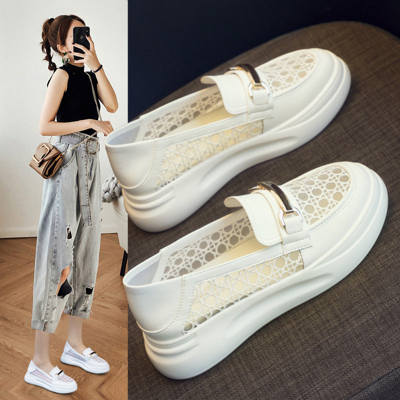 Chaussures blanches en cuir véritable pour femmes, mocassins à plateforme polyvalents et anti-explosion pour l'automne