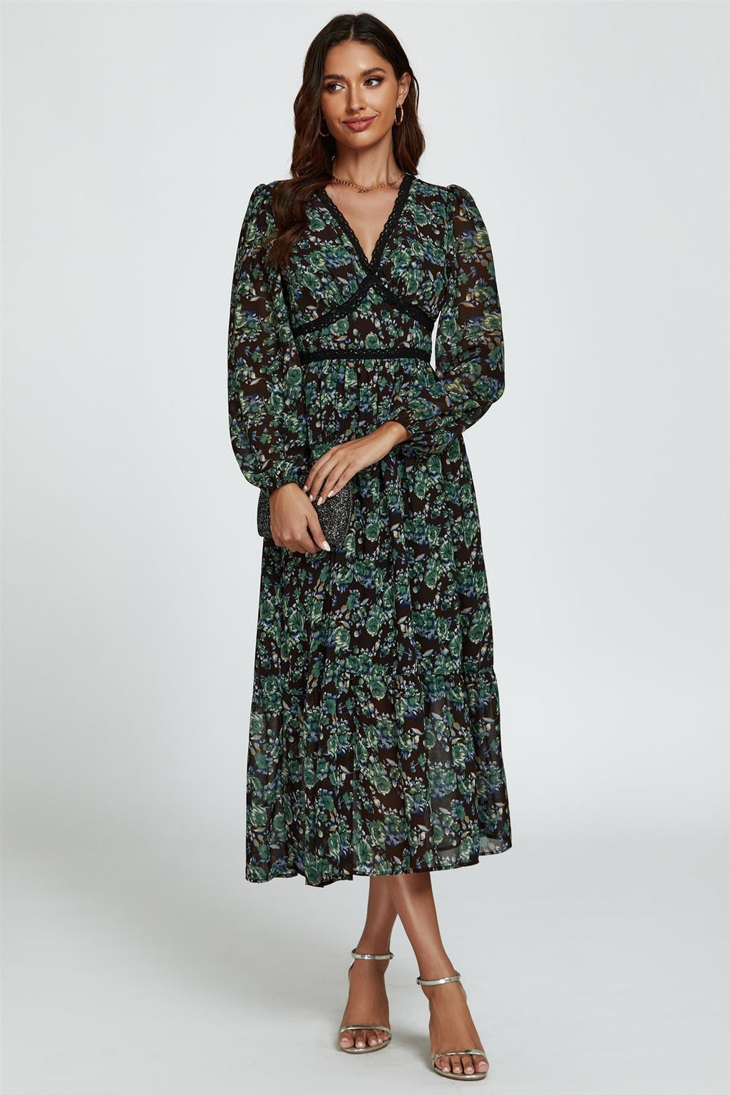 Geblümtes Langarm-Midikleid in Braun