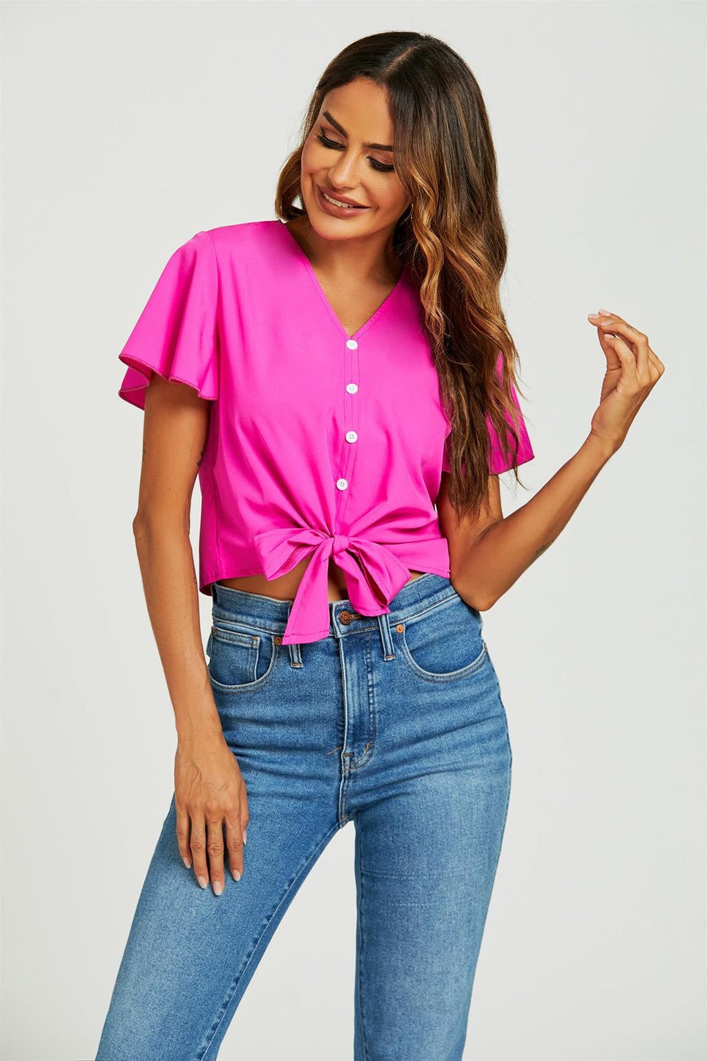 Süßes Bindeknoten-Crop-T-Shirt mit Knöpfen in Fuchsia-Pink