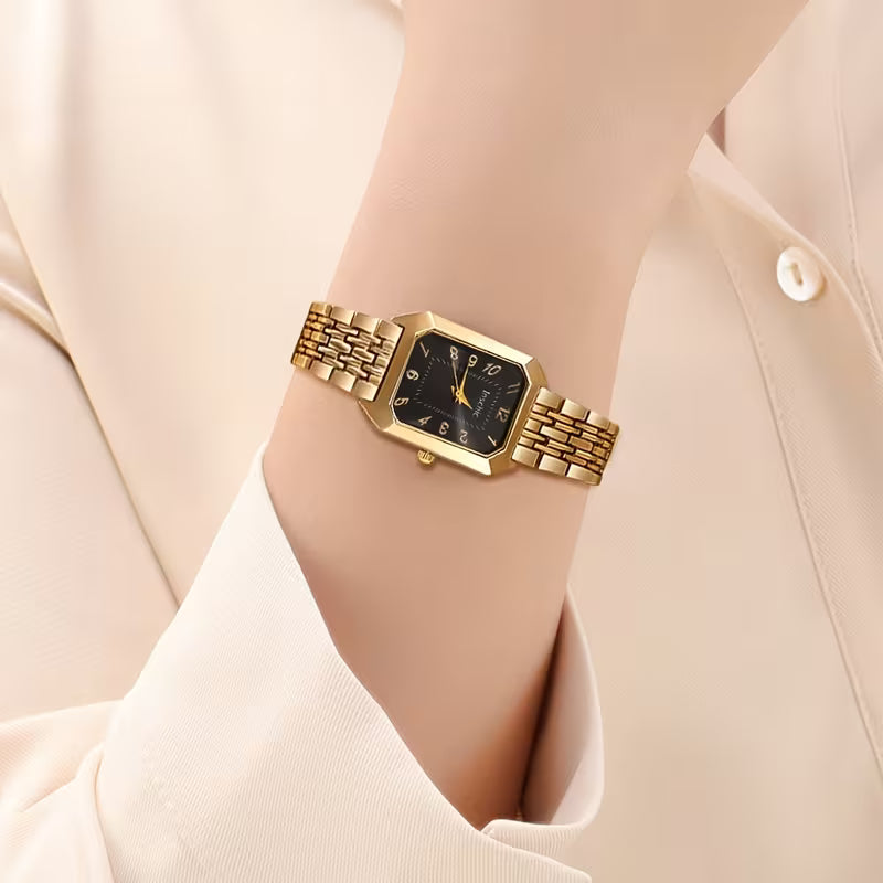 Elegantes quadratisches Damen-Quarzuhr-Set mit Herzanhänger – luxuriöses Zifferblatt in Goldoptik