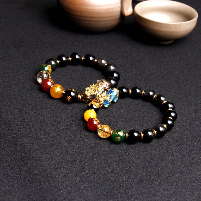 Armband aus natürlichem Obsidian für Herren, Fünf-Wege-Gott des Reichtums