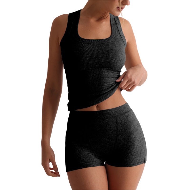 Damen lässiges einfarbiges Rundhals-Tanktop und High-Waist-Shorts-Set im Slim-Fit