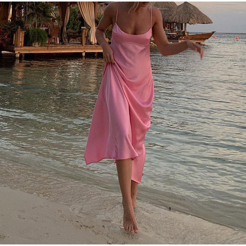 Dames Cami Robe Longue en Satin Élégant Sans Manches Robe de Vacances Sexy Décontractée Dos Nu Robes d'été