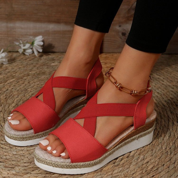 Sandales à talons hauts compensés en corde de chanvre tressée en paille, bout ouvert, grande taille