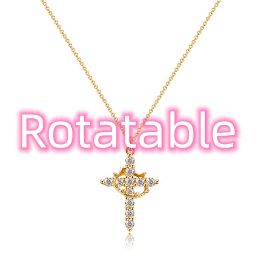 Collier rotatif couronne en croix serti de faux diamants