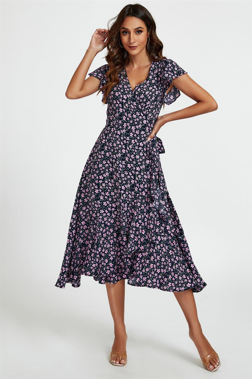 Marineblaues Midi-Wickelkleid mit Blumenrüschenärmeln