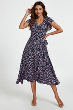 Floral Frill Sleeve Midi Wrap Dress In Navy