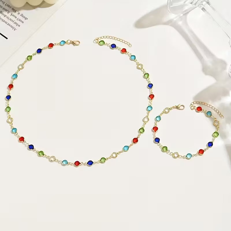 Set aus 2 Halsketten und Armbändern – leicht, luxuriös, stilvoll, modisch, farbenfroh, rund