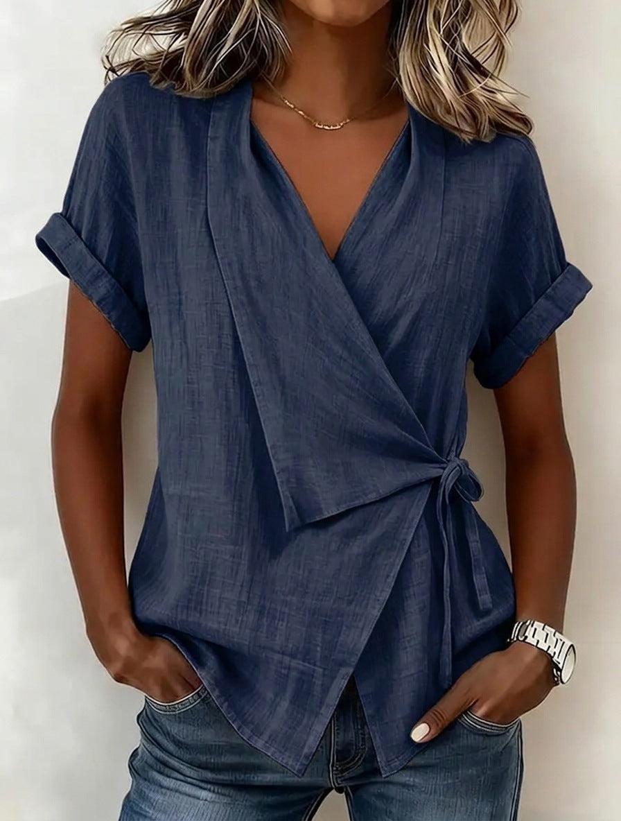 Haut décontracté pour femme à revers et manches courtes, avec lacets
