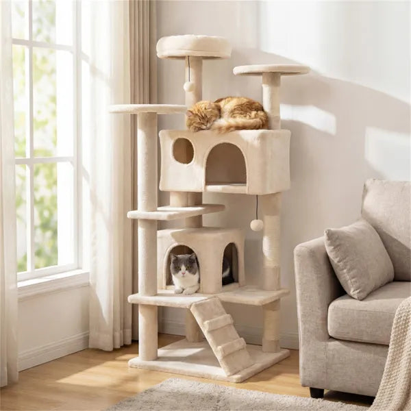52" Tall Cat Tree Tower With Perches & Condos, Multi-Cat Playground With Scratching Posts (Beige)