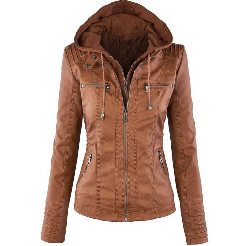 Mode Veste en cuir à capuche détachable avec poches Casual Uni Fermeture éclair Manches longues Veste en cuir Automne Hiver Vêtements pour femmes