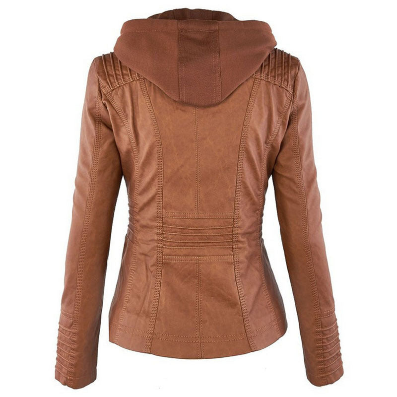 Mode Veste en cuir à capuche détachable avec poches Casual Uni Fermeture éclair Manches longues Veste en cuir Automne Hiver Vêtements pour femmes