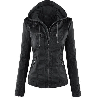 Mode Veste en cuir à capuche détachable avec poches Casual Uni Fermeture éclair Manches longues Veste en cuir Automne Hiver Vêtements pour femmes