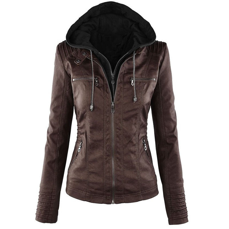 Mode Veste en cuir à capuche détachable avec poches Casual Uni Fermeture éclair Manches longues Veste en cuir Automne Hiver Vêtements pour femmes