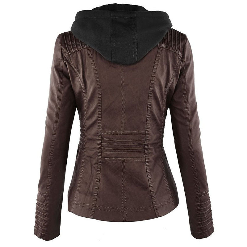 Mode Veste en cuir à capuche détachable avec poches Casual Uni Fermeture éclair Manches longues Veste en cuir Automne Hiver Vêtements pour femmes