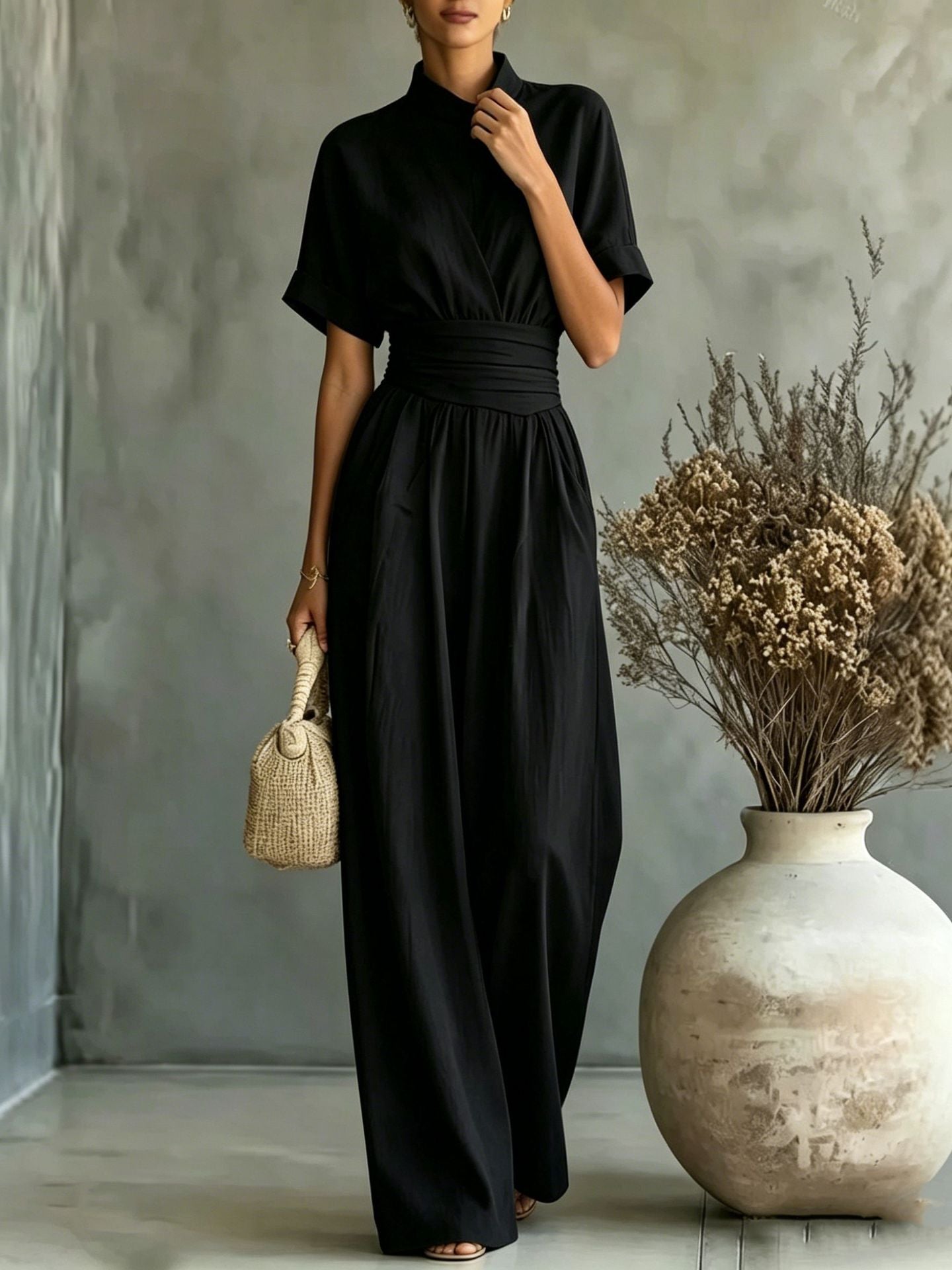 Half high neck short sleeved wide leg jumpsuit