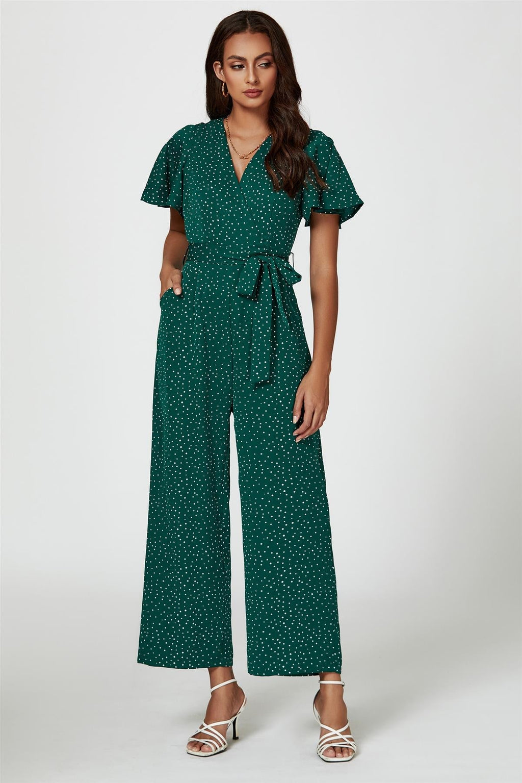 Gepunkteter Wickel-Jumpsuit in Grün