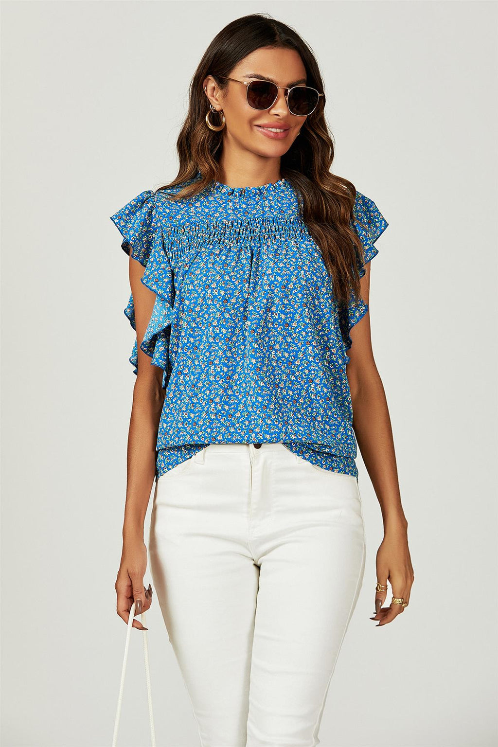 Blumendruck Rüschensaum Kurzarm-Bluse Top in Blau