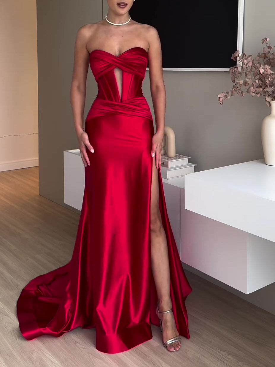 Robe de soirée bandeau fendue rouge extra longue