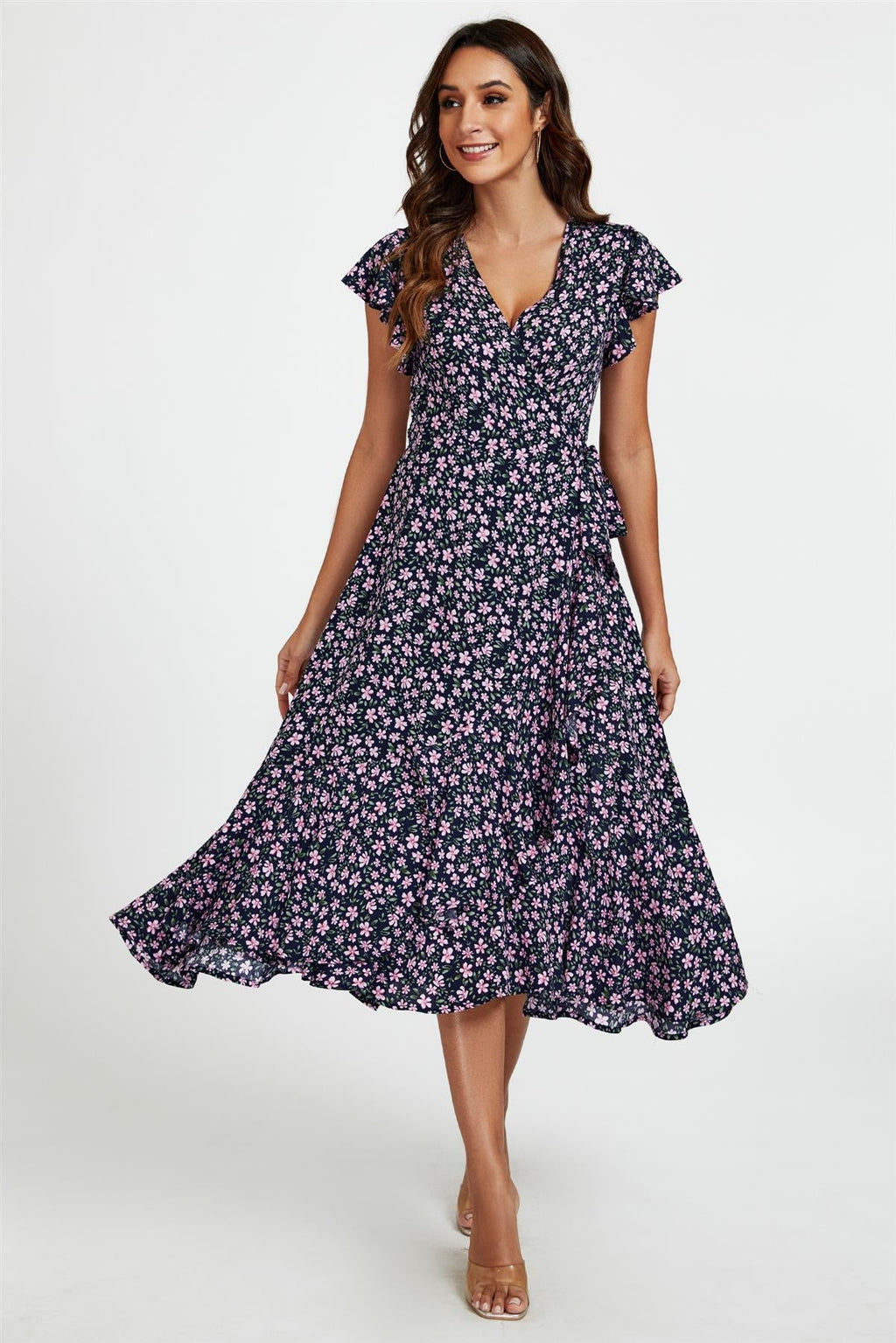 Marineblaues Midi-Wickelkleid mit Blumenrüschenärmeln