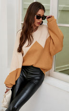 Block Colour Relaxed Knit Jumper Top In Beige & Camel
