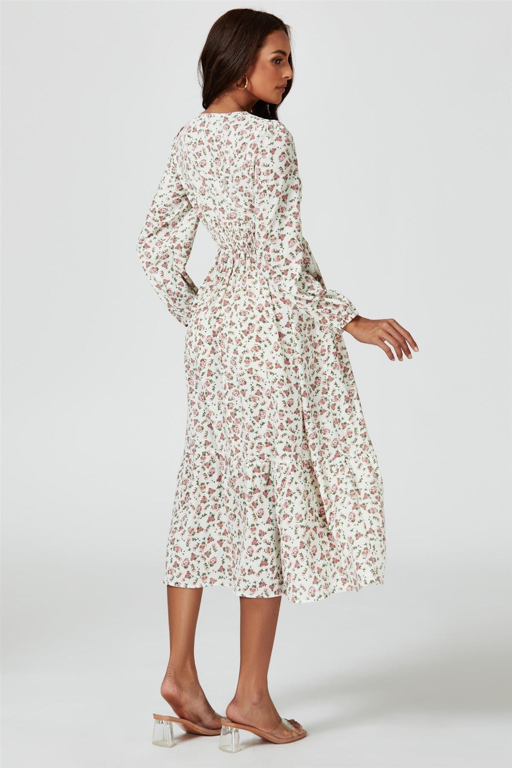 Blumendruck Midi-Langarmkleid in Weiß